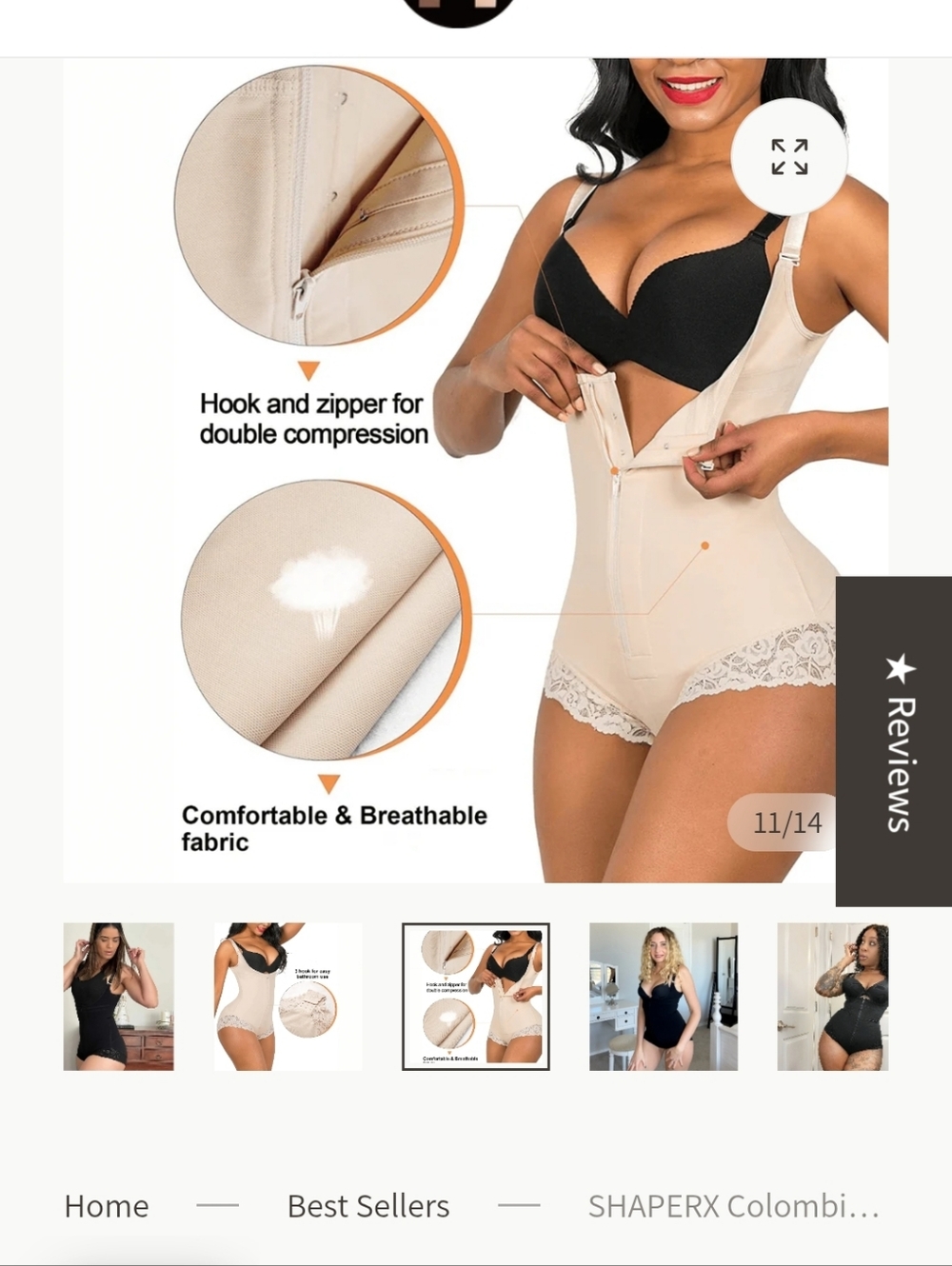 SHAPERX Colombian Tummy Control Faja with Zip & Hooks, Post Surgical Bodysuit XL - Picture 6 of 7